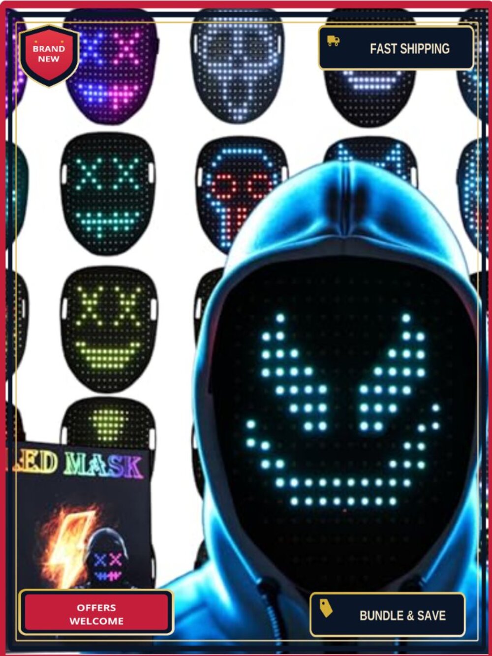 LED Light Up Mask Gesture Sensing 50 Patterns USB-C Rechargeable Adjustable